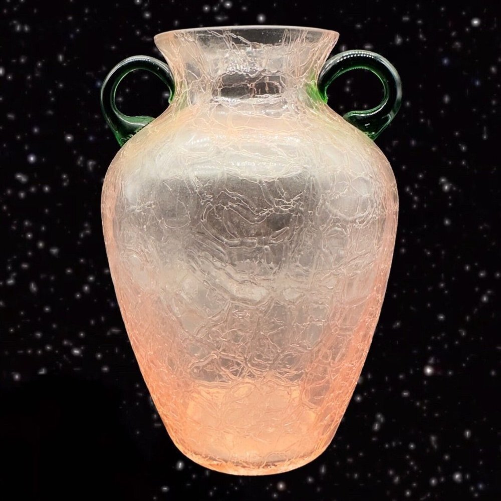 Pink Crackled Art Glass Vase with Applied Green Handles Textured Surface 8”T 3”W